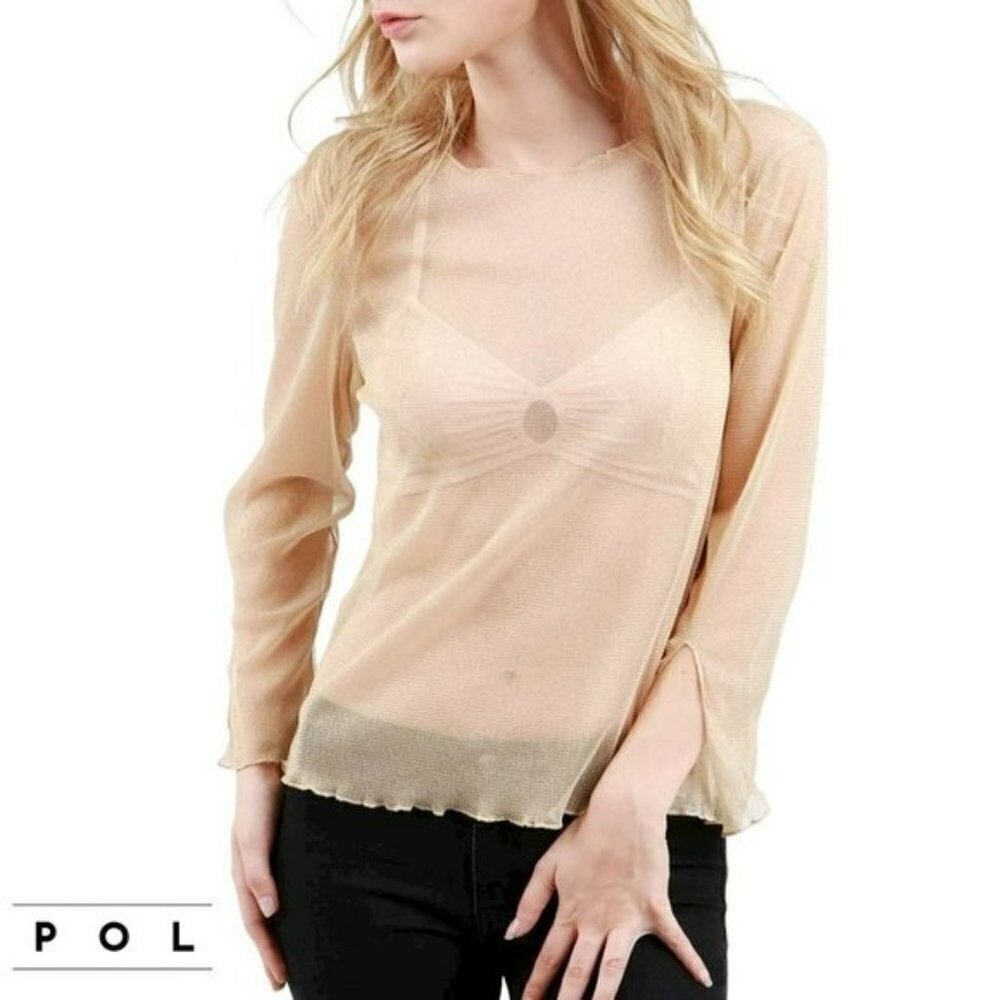 NWT POL Sheer Metallic Mesh Lettuce Edge Trim Top